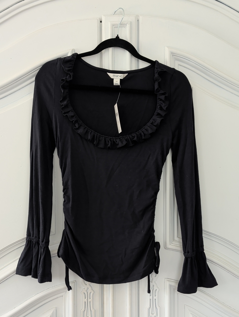 NWT Maeve Black Ruffle Scoop-Neck Long Sleeve Tee with Side Ties